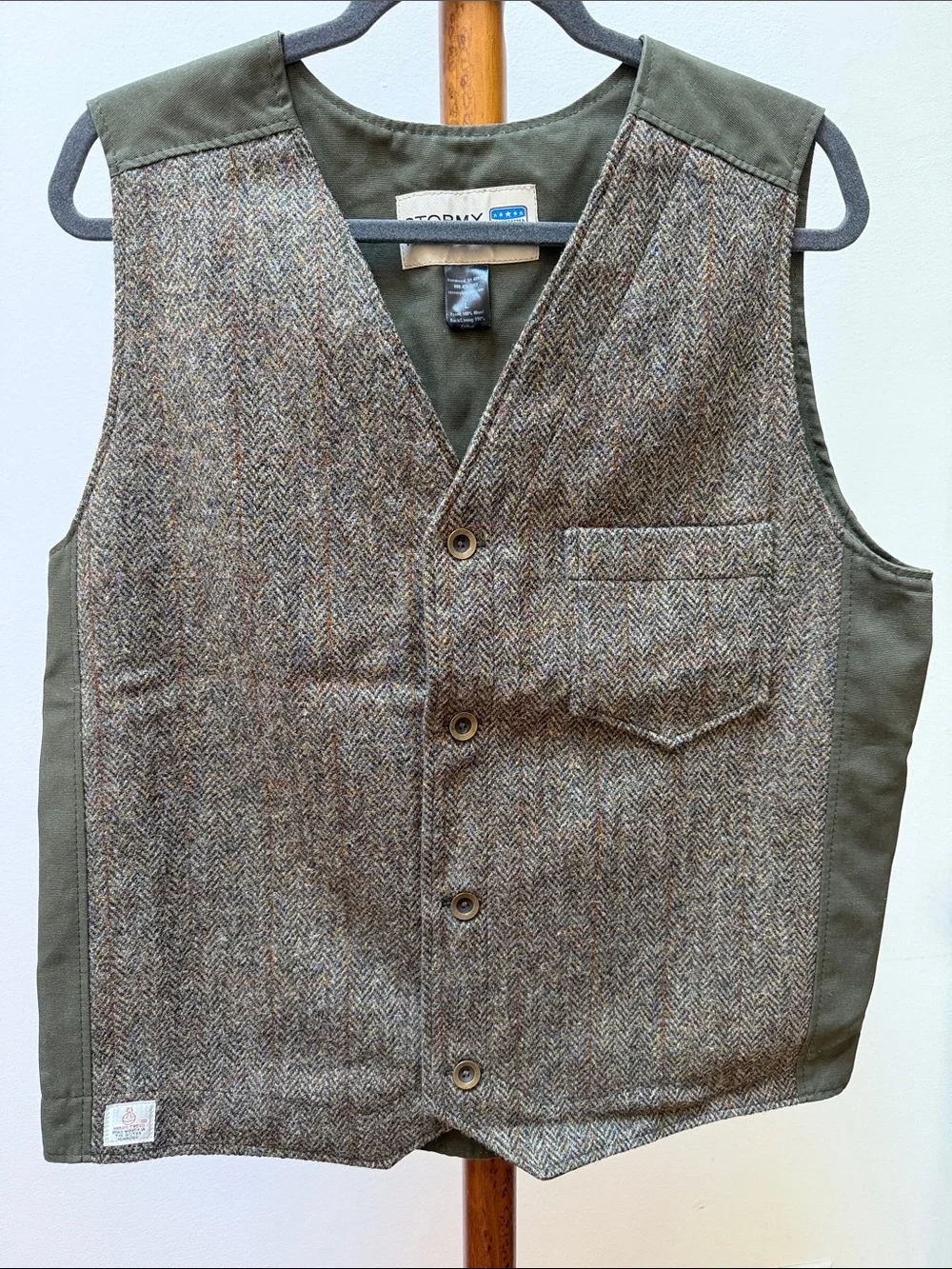 Stormy Kromer Harris Wool Tweed Uptown Herringbone Men's Vest Olive & Brown Sz L